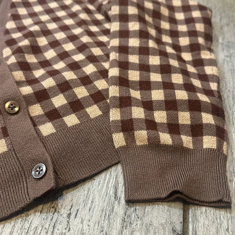 LA Hearts Cropped Soft Chocolate Brown Checkered Women's Sweater XS - Picture 3 of 4